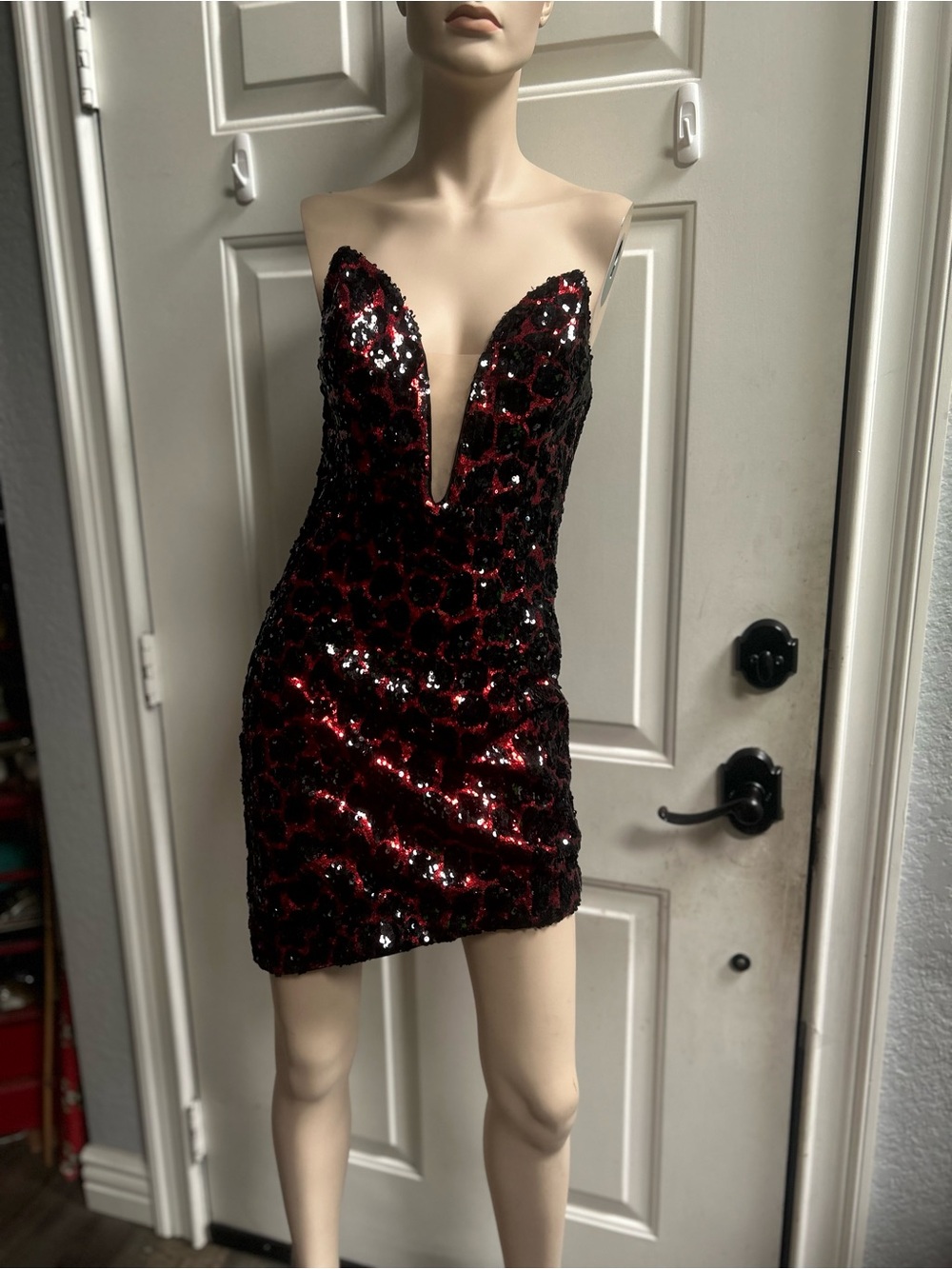NBD Gerard Embellished Strapless in Red Sequin Plunge Mini Dress